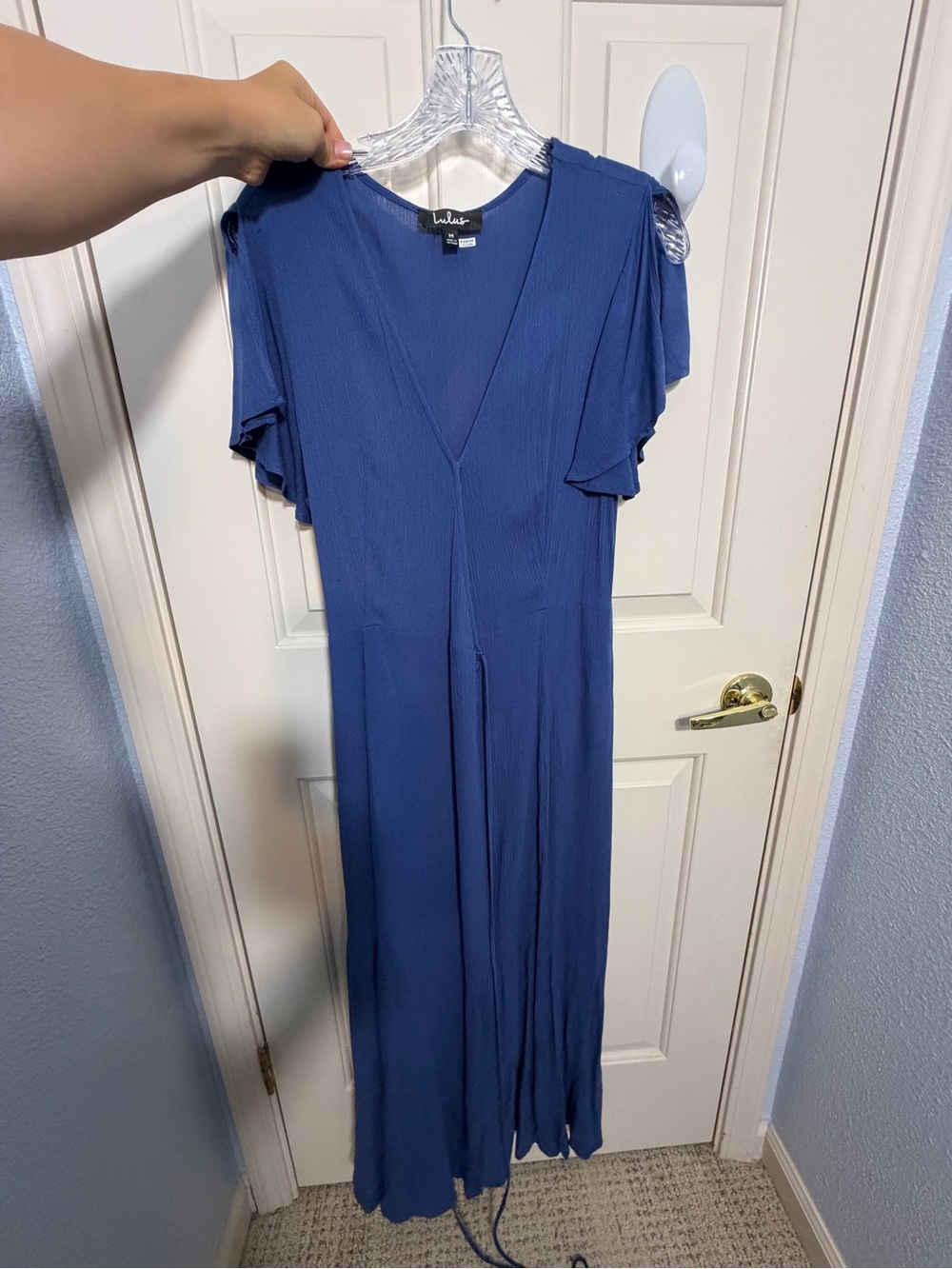 Lulus Blue V-Neck Flutter Sleeve Maxi Dress (for 5’1”women)